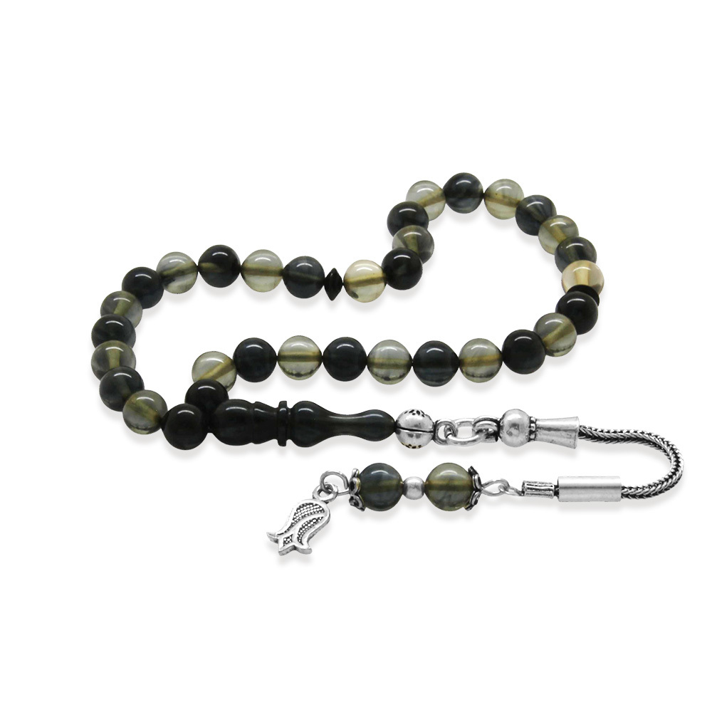 Ateş Kehribar Tesbih - 925 Ayar Gümüş Püsküllü - Bilek Boy - Siyah Beyaz Renk - Küre Kesim - 4