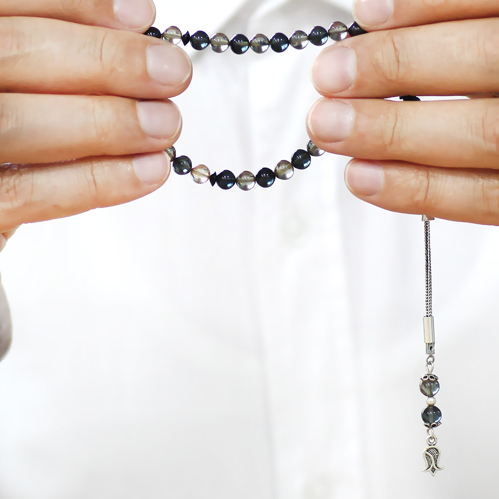 Ateş Kehribar Tesbih - 925 Ayar Gümüş Püsküllü - Bilek Boy - Siyah Beyaz Renk - Küre Kesim - 3