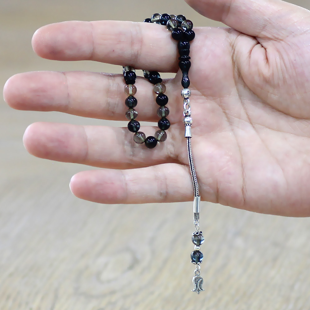 Ateş Kehribar Tesbih - 925 Ayar Gümüş Püsküllü - Bilek Boy - Siyah Beyaz Renk - Küre Kesim - 2