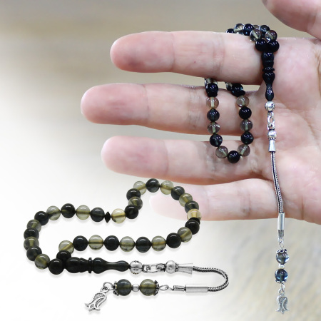 Ateş Kehribar Tesbih - 925 Ayar Gümüş Püsküllü - Bilek Boy - Siyah Beyaz Renk - Küre Kesim - Tesbihane