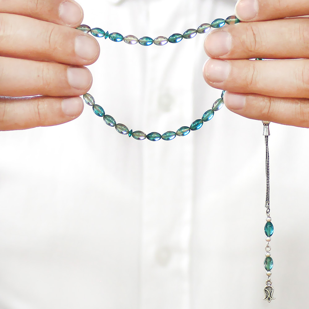 Ateş Kehribar Tesbih - 925 Ayar Gümüş Püsküllü - Mini Boy - Su Yeşili Turkuaz - Arpa Kesim - 3