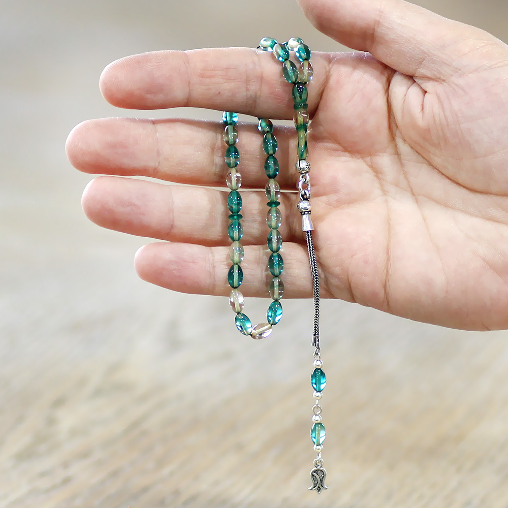 Ateş Kehribar Tesbih - 925 Ayar Gümüş Püsküllü - Mini Boy - Su Yeşili Turkuaz - Arpa Kesim - 2