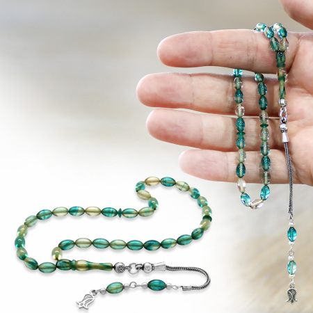 Ateş Kehribar Tesbih - 925 Ayar Gümüş Püsküllü - Mini Boy - Su Yeşili Turkuaz - Arpa Kesim - Tesbihane