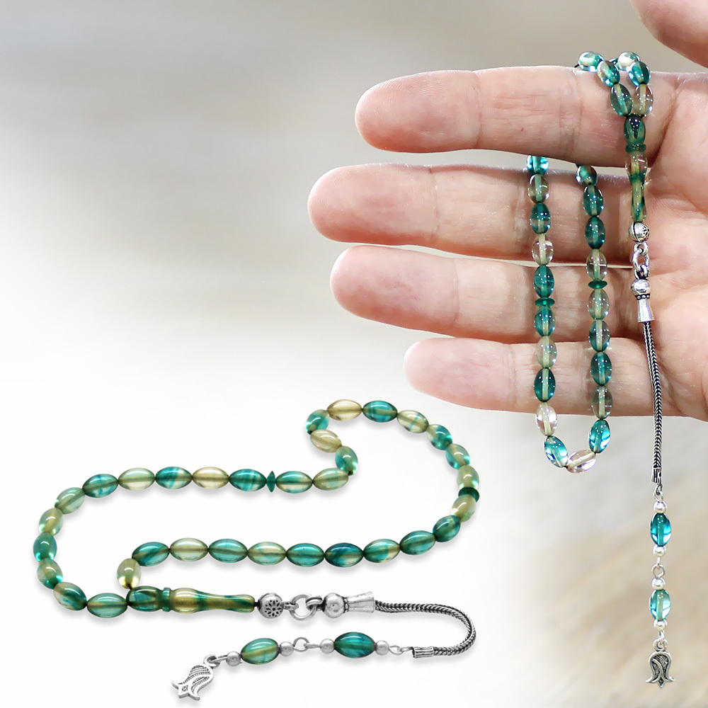 Ateş Kehribar Tesbih - 925 Ayar Gümüş Püsküllü - Mini Boy - Su Yeşili Turkuaz - Arpa Kesim - 1