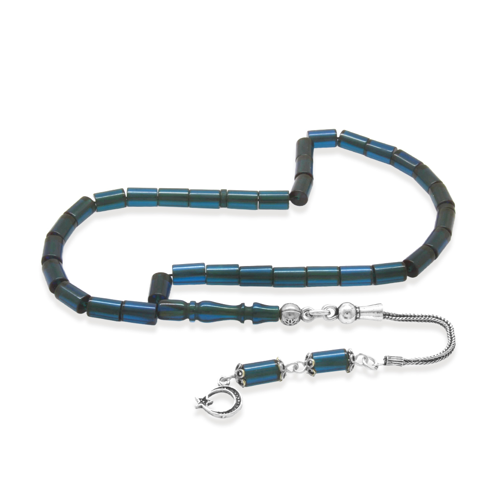 Ateş Kehribar Tesbih - 925 Ayar Gümüş Püsküllü - Mini Boy - Turkuaz - Kesme Kesim - 2