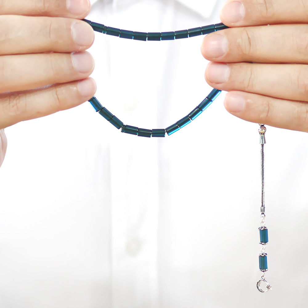 Ateş Kehribar Tesbih - 925 Ayar Gümüş Püsküllü - Mini Boy - Turkuaz - Kesme Kesim - 4