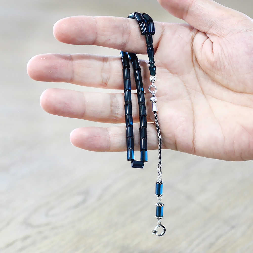 Ateş Kehribar Tesbih - 925 Ayar Gümüş Püsküllü - Mini Boy - Turkuaz - Kesme Kesim - 3