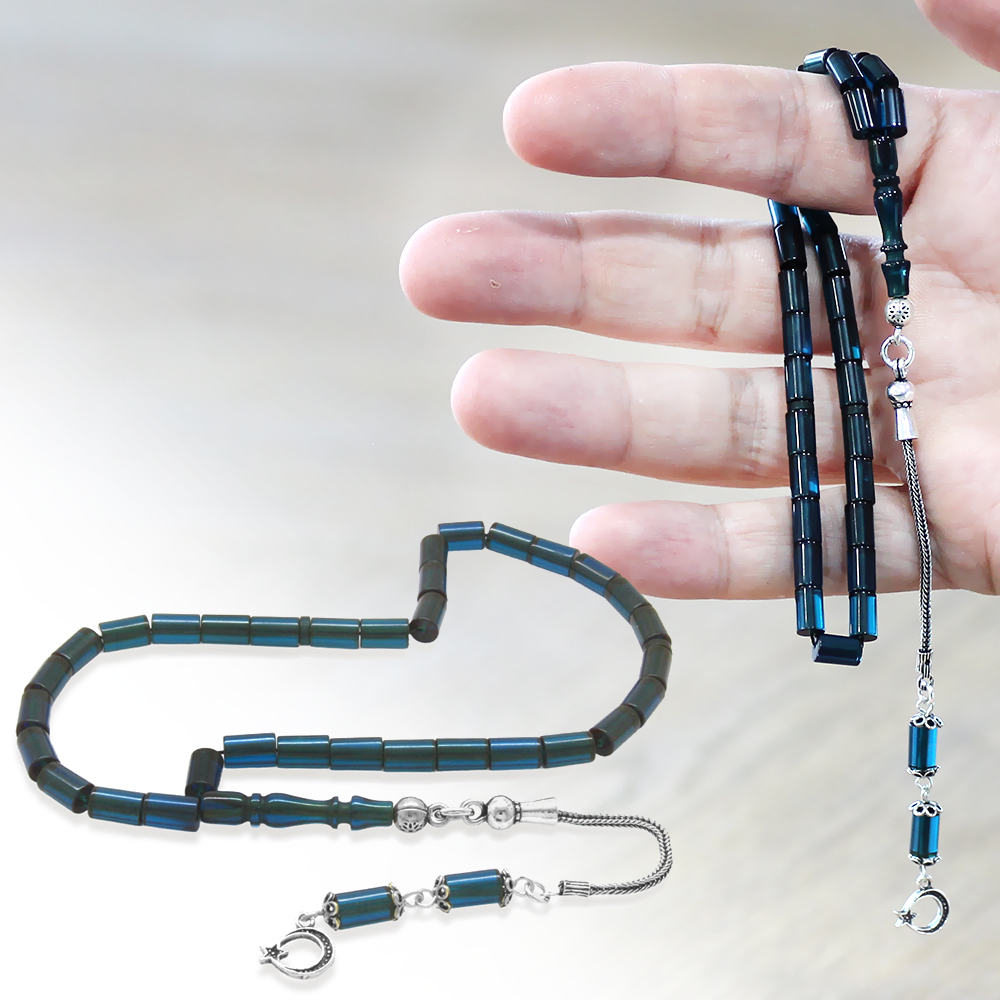 Ateş Kehribar Tesbih - 925 Ayar Gümüş Püsküllü - Mini Boy - Turkuaz - Kesme Kesim - 1