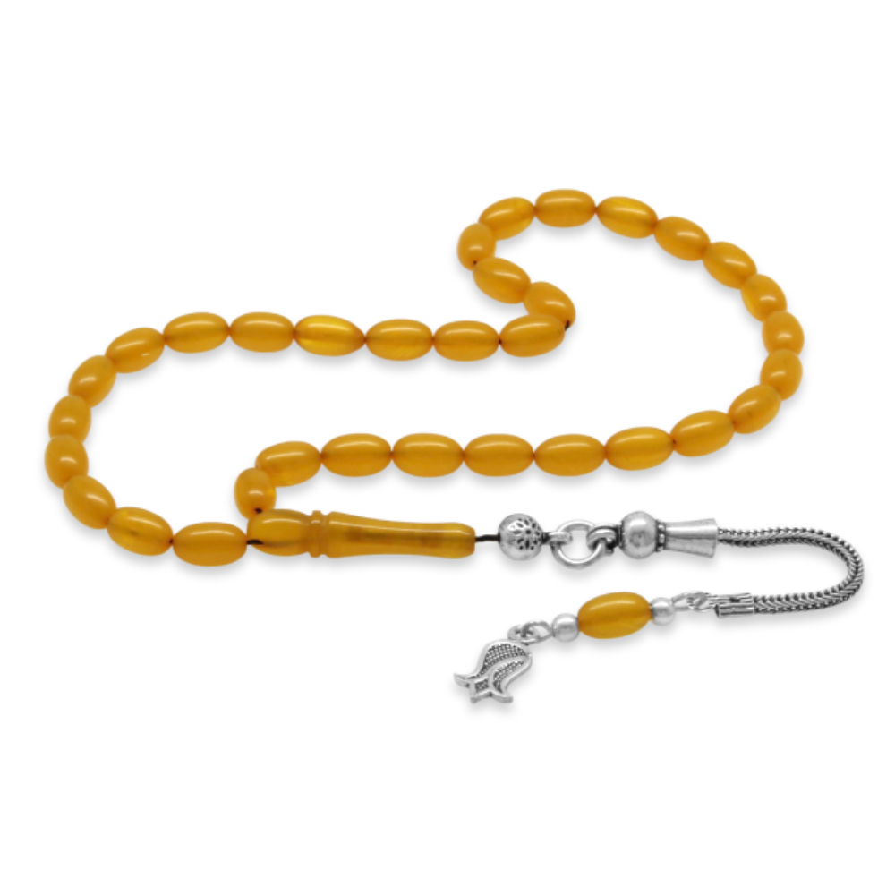 Ateş Kehribar Tesbih - 925 Ayar Gümüş Püsküllü - Koyu Sarı Renk - Mini Boy - Arpa Kesim - 4
