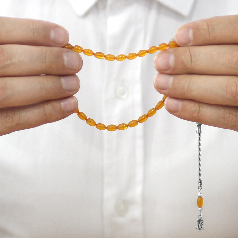 Ateş Kehribar Tesbih - 925 Ayar Gümüş Püsküllü - Koyu Sarı Renk - Mini Boy - Arpa Kesim - 3