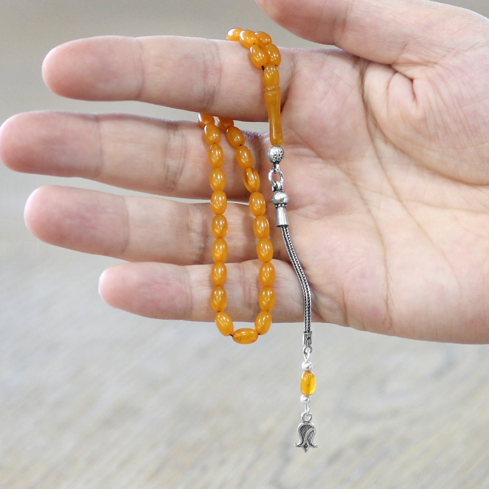 Ateş Kehribar Tesbih - 925 Ayar Gümüş Püsküllü - Koyu Sarı Renk - Mini Boy - Arpa Kesim - 2