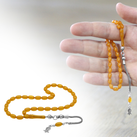Ateş Kehribar Tesbih - 925 Ayar Gümüş Püsküllü - Koyu Sarı Renk - Mini Boy - Arpa Kesim - Tesbihane