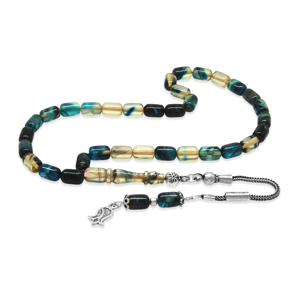 Ateş Kehribar Tesbih - 925 Ayar Gümüş Püsküllü - Mavi Beyaz Ebruli Renk - Mini Boy - Kapsül Kesim - 4