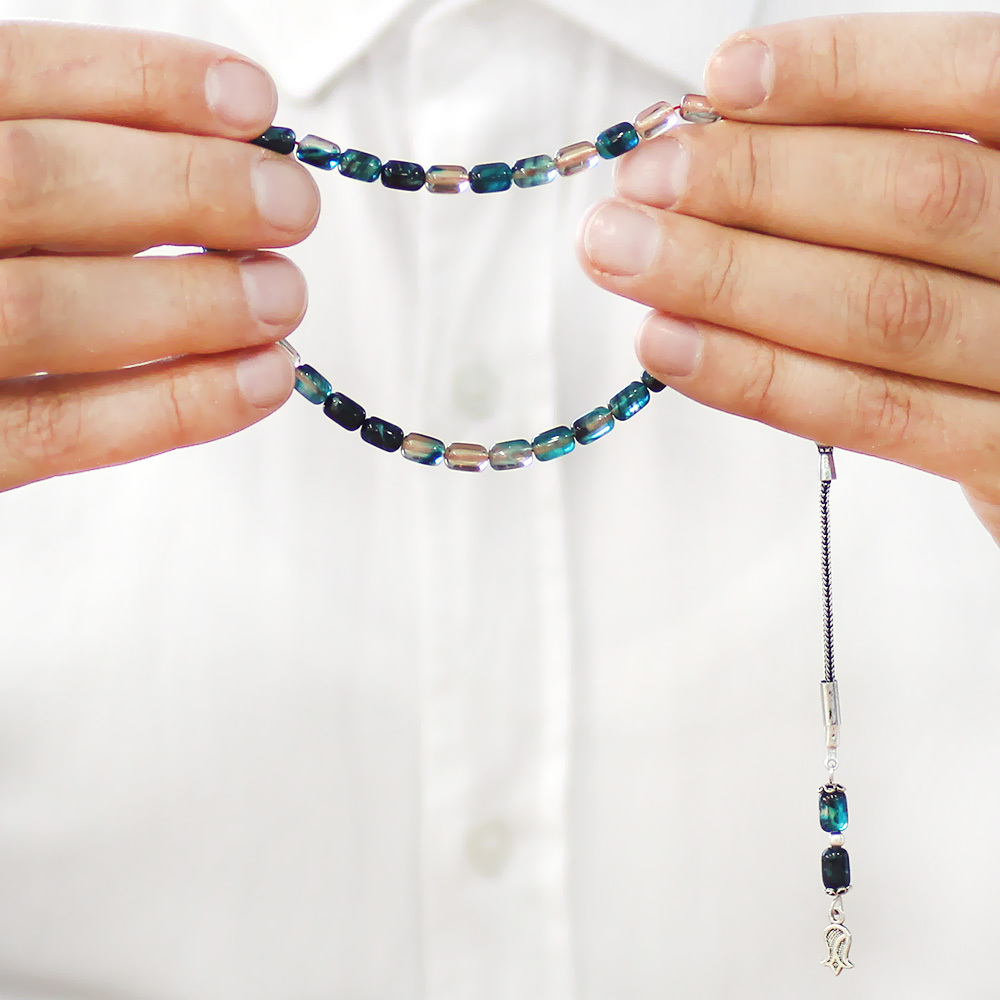 Ateş Kehribar Tesbih - 925 Ayar Gümüş Püsküllü - Mavi Beyaz Ebruli Renk - Mini Boy - Kapsül Kesim - 3