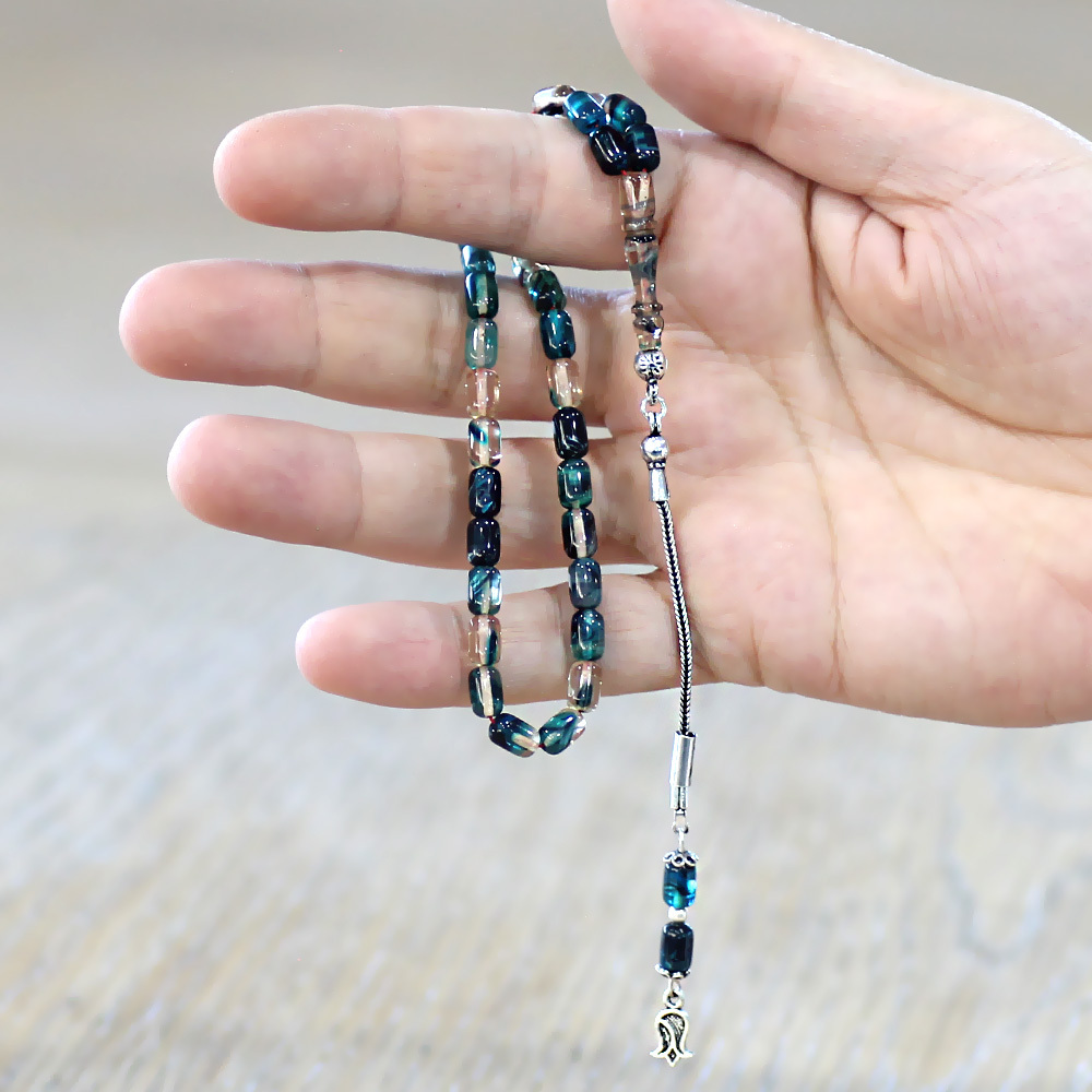 Ateş Kehribar Tesbih - 925 Ayar Gümüş Püsküllü - Mavi Beyaz Ebruli Renk - Mini Boy - Kapsül Kesim - 2