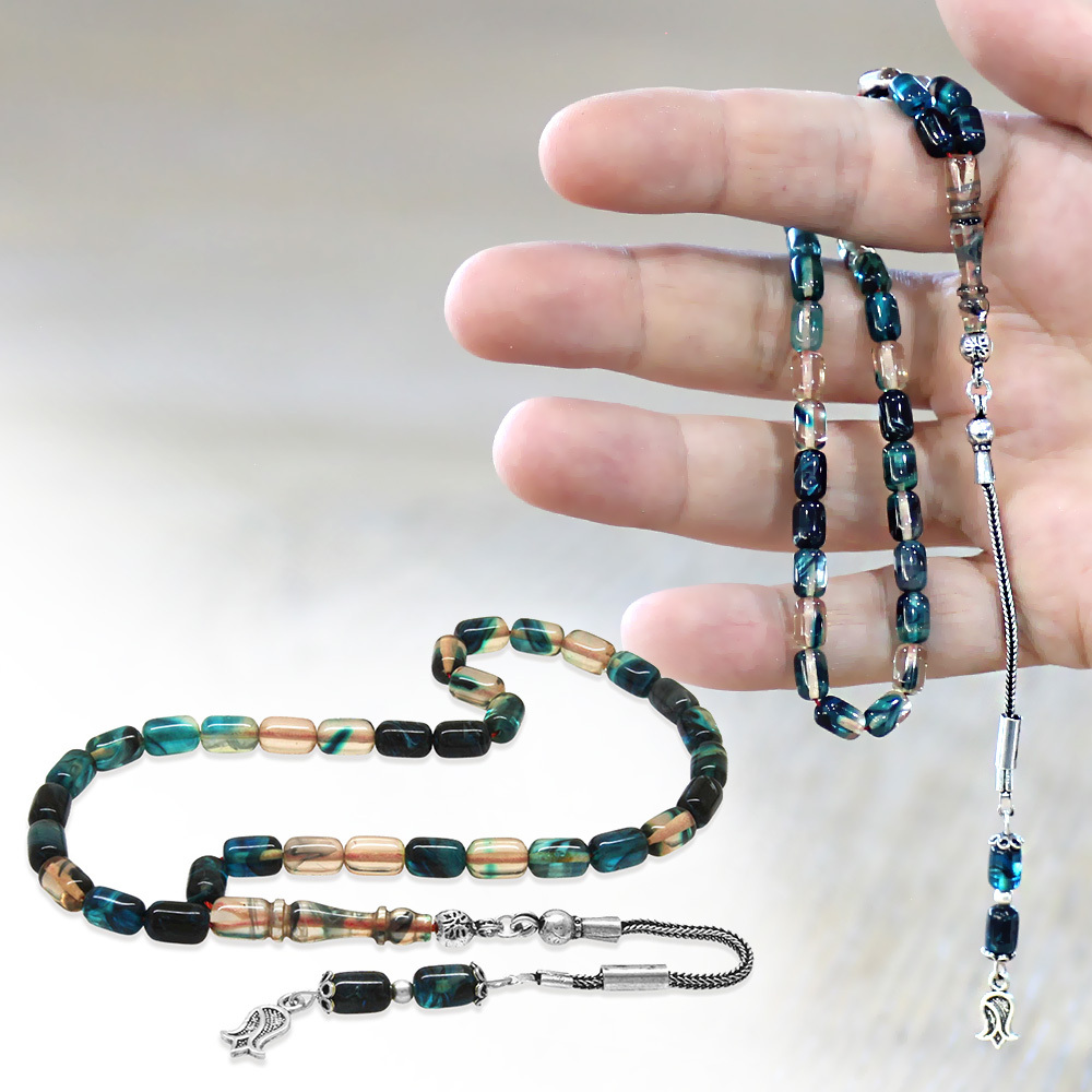 Ateş Kehribar Tesbih - 925 Ayar Gümüş Püsküllü - Mavi Beyaz Ebruli Renk - Mini Boy - Kapsül Kesim - 1