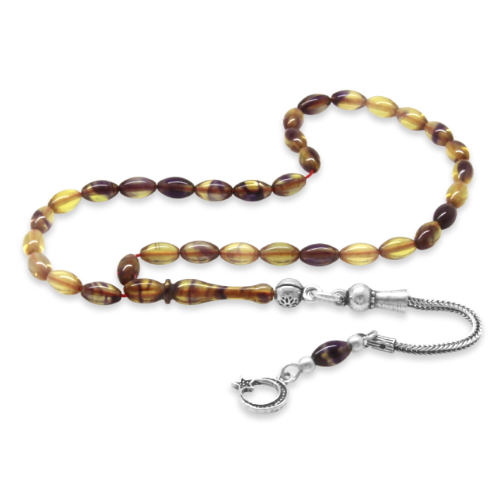 Ateş Kehribar Tesbih - 925 Ayar Gümüş Püsküllü - Mavi Beyaz Renk - Mini Boy - Arpa Kesim - 4