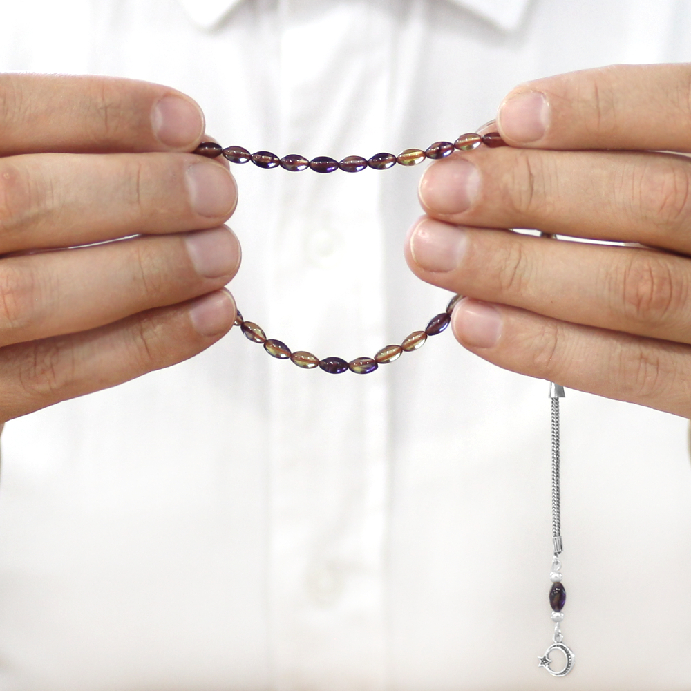 Ateş Kehribar Tesbih - 925 Ayar Gümüş Püsküllü - Mavi Beyaz Renk - Mini Boy - Arpa Kesim - 3