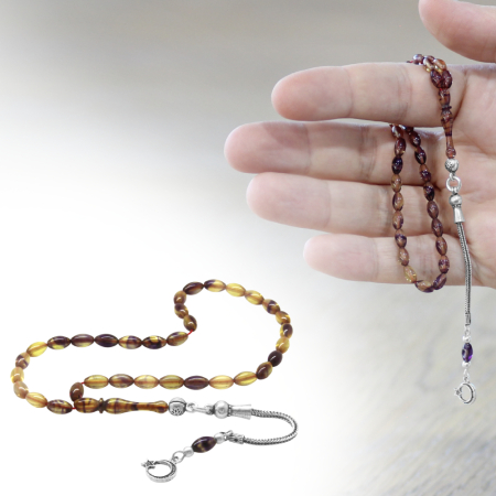 Ateş Kehribar Tesbih - 925 Ayar Gümüş Püsküllü - Mavi Beyaz Renk - Mini Boy - Arpa Kesim - Tesbihane