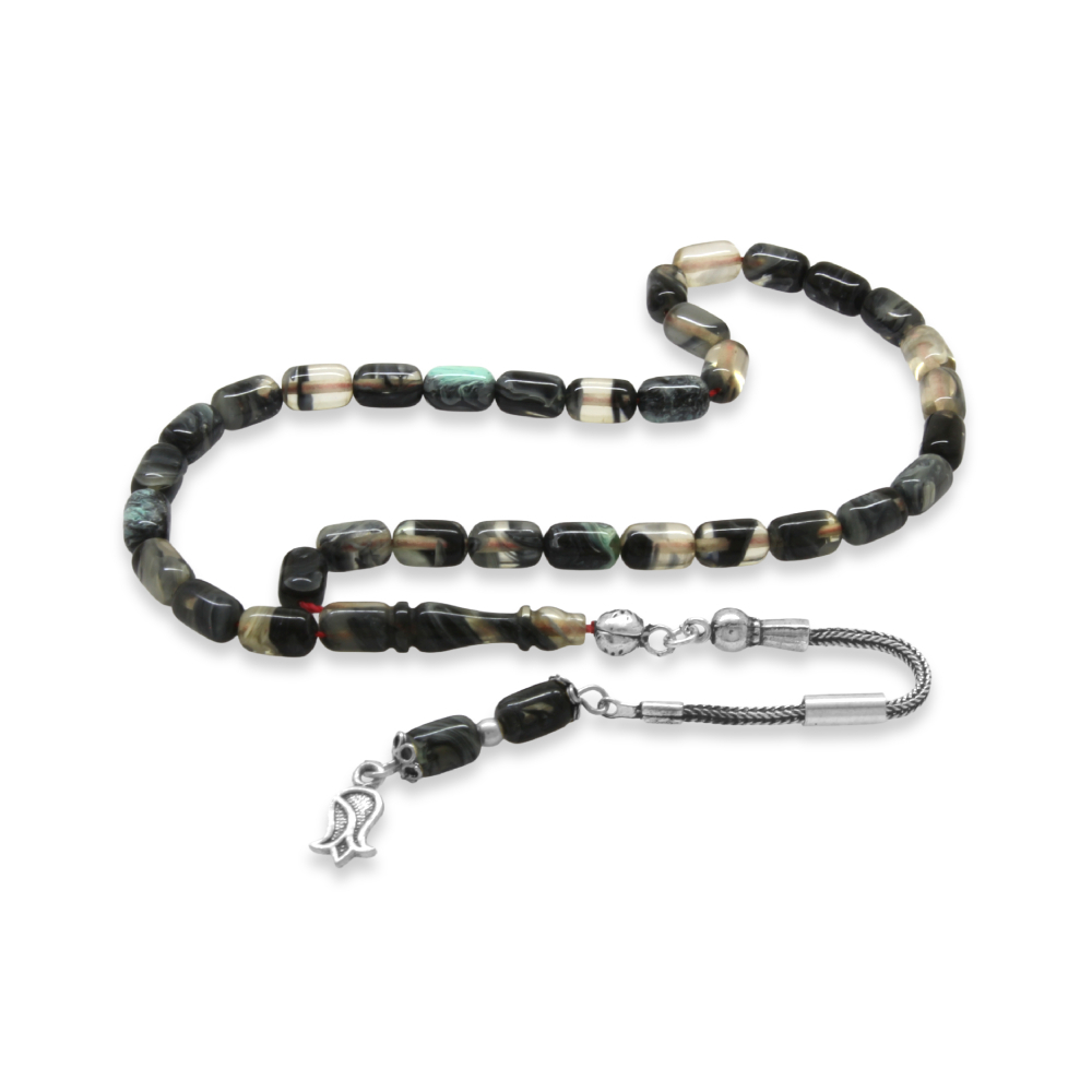 Ateş Kehribar Tesbih - 925 Ayar Gümüş Püsküllü - Siyah Beyaz Ebruli Renk - Mini Boy - Kapsül Kesim - 4