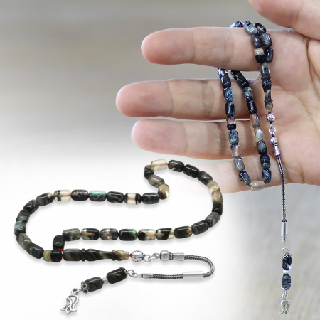 Ateş Kehribar Tesbih - 925 Ayar Gümüş Püsküllü - Siyah Beyaz Ebruli Renk - Mini Boy - Kapsül Kesim - Tesbihane