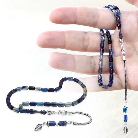 Ateş Kehribar Tesbih - 925 Ayar Gümüş Zincir Püsküllü - Mini Boy - Mavi Beyaz Renk - Kapsül Kesim - Tesbihane