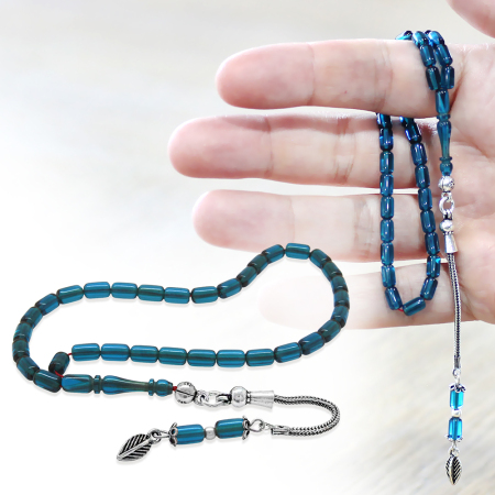 Ateş Kehribar Tesbih - 925 Ayar Gümüş Zincir Püsküllü - Mini Boy - Mavi Renk - Kapsül Kesim - Tesbihane