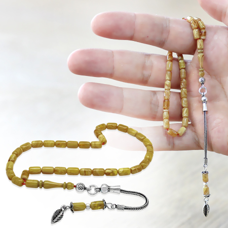 Ateş Kehribar Tesbih - 925 Ayar Gümüş Zincir Püsküllü - Mini Boy - Sarı Beyaz Renk - Kapsül Kesim - Tesbihane