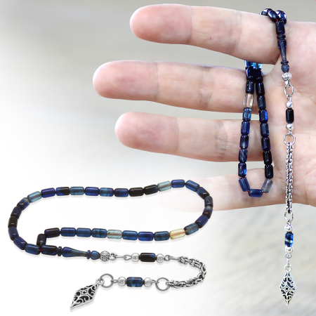 Ateş Kehribar Tesbih - Kararmaz Arnavut Püsküllü - Mini Boy - Lacivert Beyaz Renk - Kapsül Kesim - Tesbihane