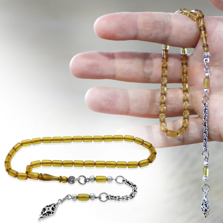 Ateş Kehribar Tesbih - Kararmaz Metal Arnavut Püsküllü - Mini Boy - Ihlamur Sarı - Kapsül Kesim - Tesbihane