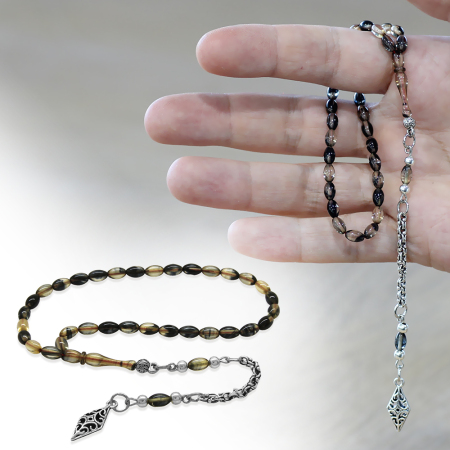 Ateş Kehribar Tesbih - Kararmaz Metal Arnavut Püsküllü - Mini Boy - Siyah Beyaz Renk - Arpa Kesim - Tesbihane