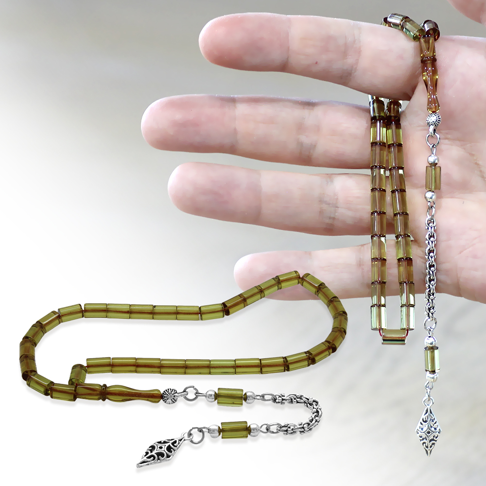 Ateş Kehribar Tesbih - Kararmaz Metal Arnavut Püsküllü - Mini Boy - Ihlamur Sarısı - Kesme Kesim - 1