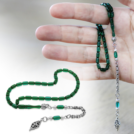 Ateş Kehribar Tesbih - Kararmaz Metal Arnavut Püsküllü - Mini Boy - Yeşil Renk - Kapsül Kesim - Tesbihane