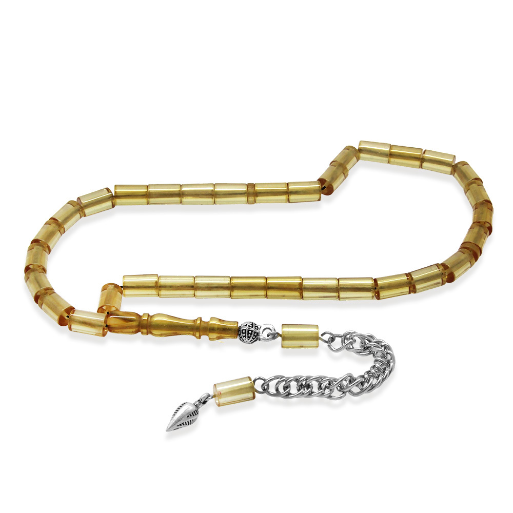 Ateş Kehribar Tesbih - Kararmaz Metal Püsküllü - Mini Boy - Bej Renk - Kesme Kesim - 2