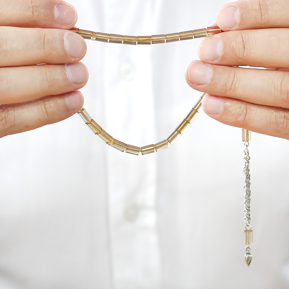 Ateş Kehribar Tesbih - Kararmaz Metal Püsküllü - Mini Boy - Bej Renk - Kesme Kesim - 4