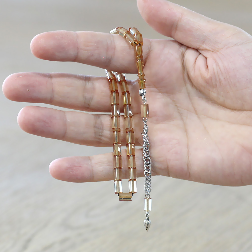 Ateş Kehribar Tesbih - Kararmaz Metal Püsküllü - Mini Boy - Bej Renk - Kesme Kesim - 3