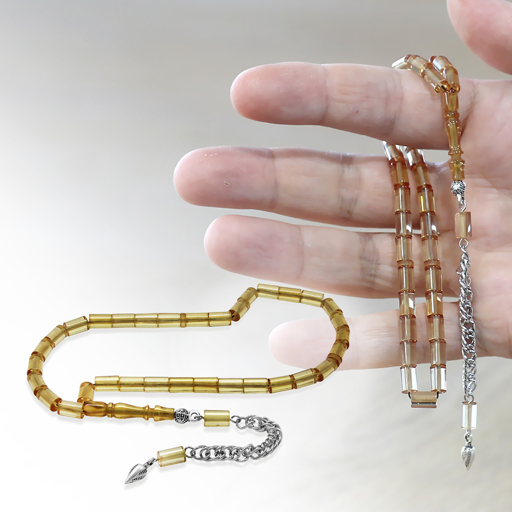 Ateş Kehribar Tesbih - Kararmaz Metal Püsküllü - Mini Boy - Bej Renk - Kesme Kesim - 1