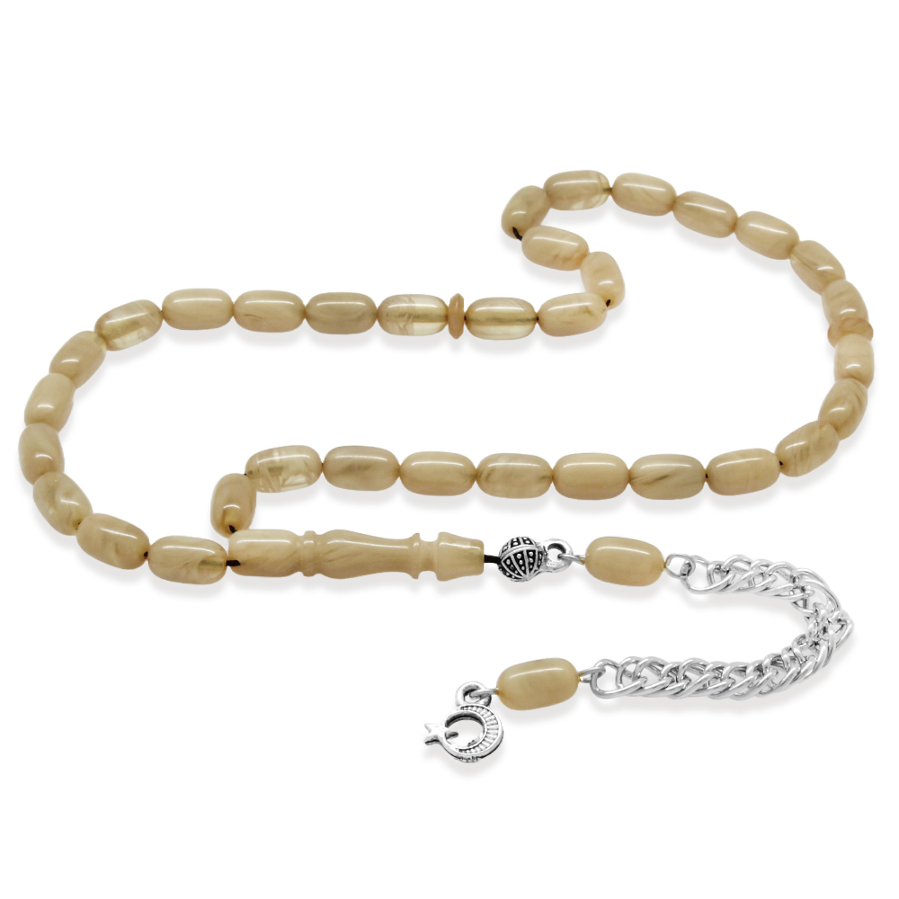 Ateş Kehribar Tesbih - Kararmaz Metal Püsküllü - Mini Boy - Hareli Beyaz - Kapsül Kesim - 2