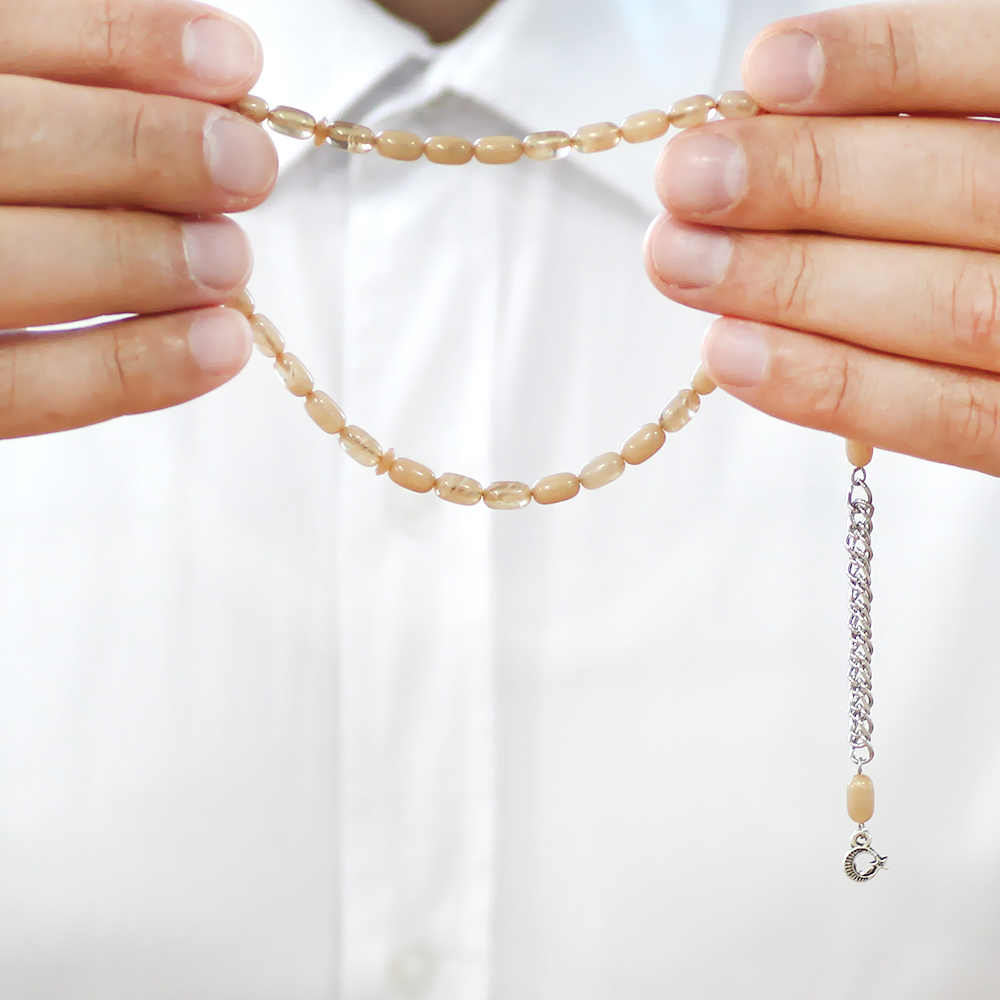 Ateş Kehribar Tesbih - Kararmaz Metal Püsküllü - Mini Boy - Hareli Beyaz - Kapsül Kesim - 4