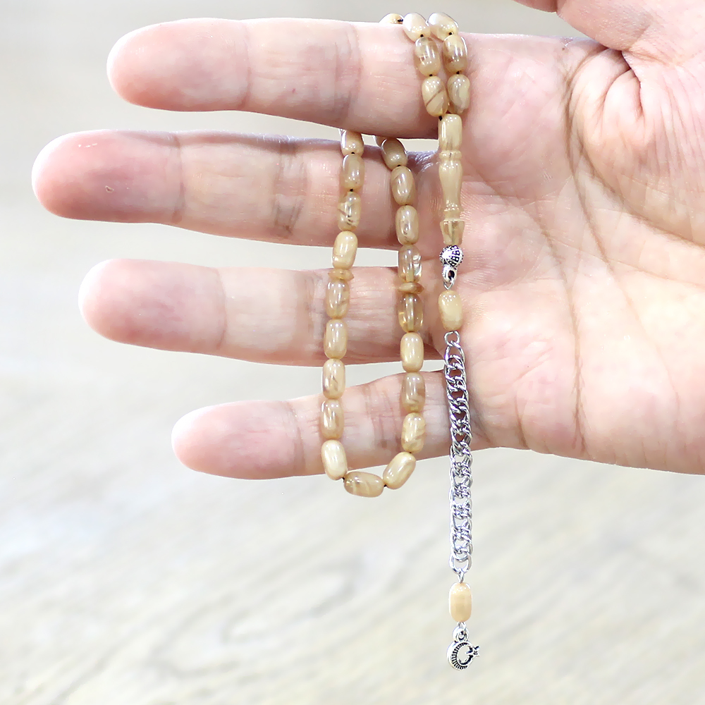 Ateş Kehribar Tesbih - Kararmaz Metal Püsküllü - Mini Boy - Hareli Beyaz - Kapsül Kesim - 3