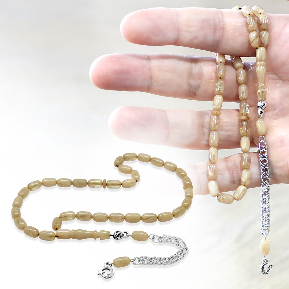 Ateş Kehribar Tesbih - Kararmaz Metal Püsküllü - Mini Boy - Hareli Beyaz - Kapsül Kesim - 1