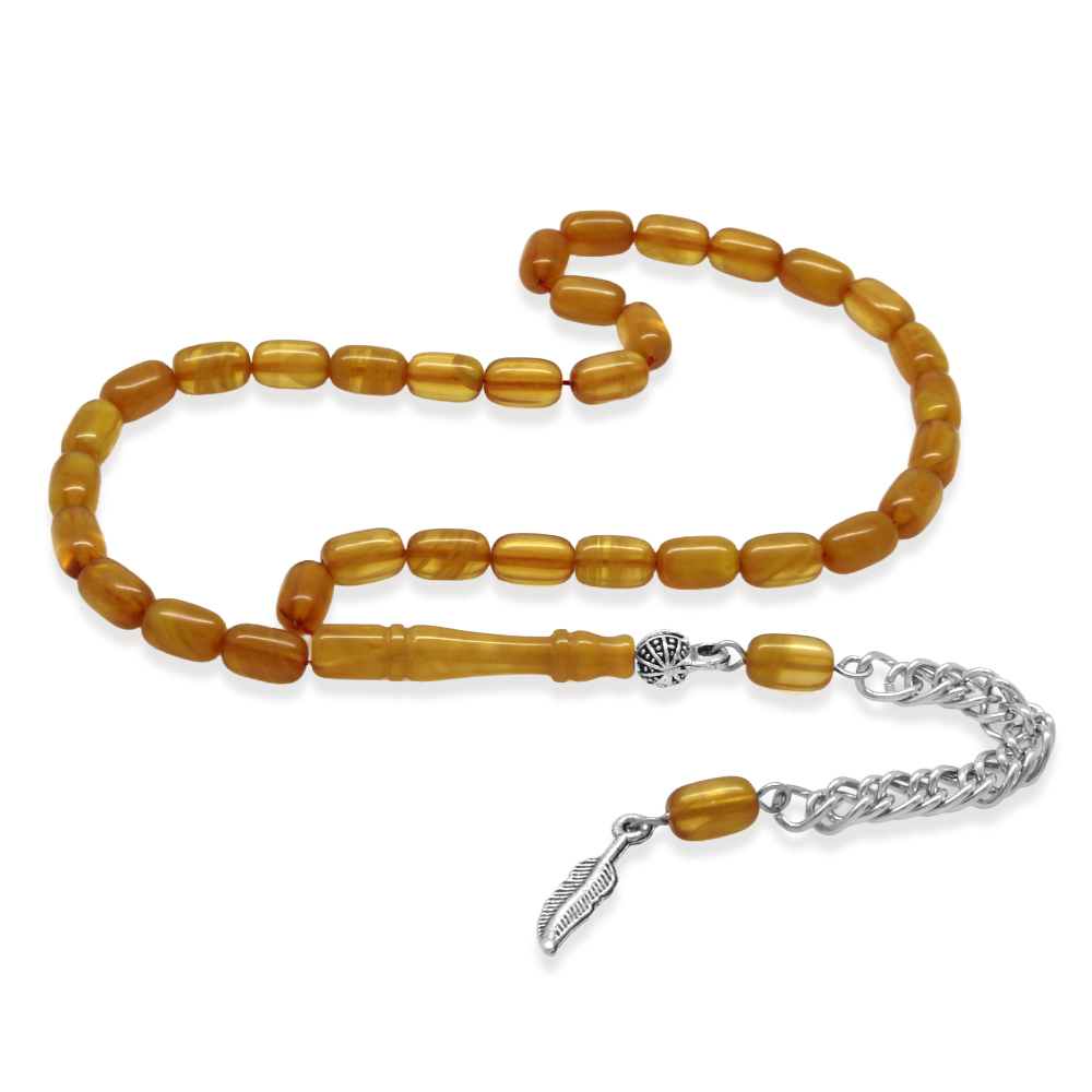 Ateş Kehribar Tesbih - Kararmaz Metal Püsküllü - Mini Boy - Hareli Turuncu - Kapsül Kesim - 2