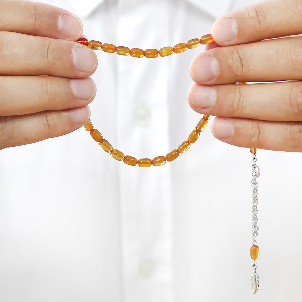 Ateş Kehribar Tesbih - Kararmaz Metal Püsküllü - Mini Boy - Hareli Turuncu - Kapsül Kesim - 4