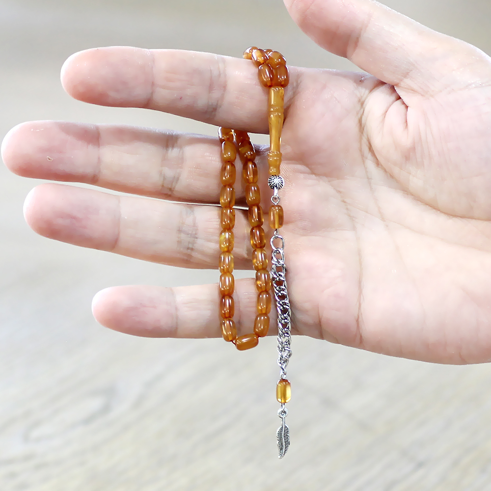 Ateş Kehribar Tesbih - Kararmaz Metal Püsküllü - Mini Boy - Hareli Turuncu - Kapsül Kesim - 3