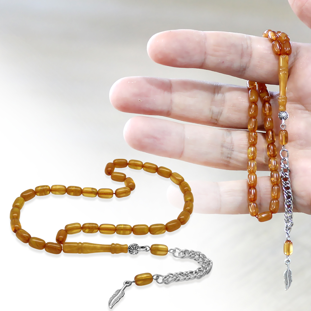 Ateş Kehribar Tesbih - Kararmaz Metal Püsküllü - Mini Boy - Hareli Turuncu - Kapsül Kesim - 1