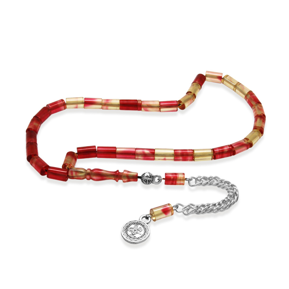 Ateş Kehribar Tesbih - Kararmaz Metal Püsküllü - Mini Boy - Kırmızı Beyaz - Kesme Kesim - 2