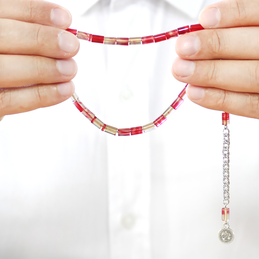 Ateş Kehribar Tesbih - Kararmaz Metal Püsküllü - Mini Boy - Kırmızı Beyaz - Kesme Kesim - 4