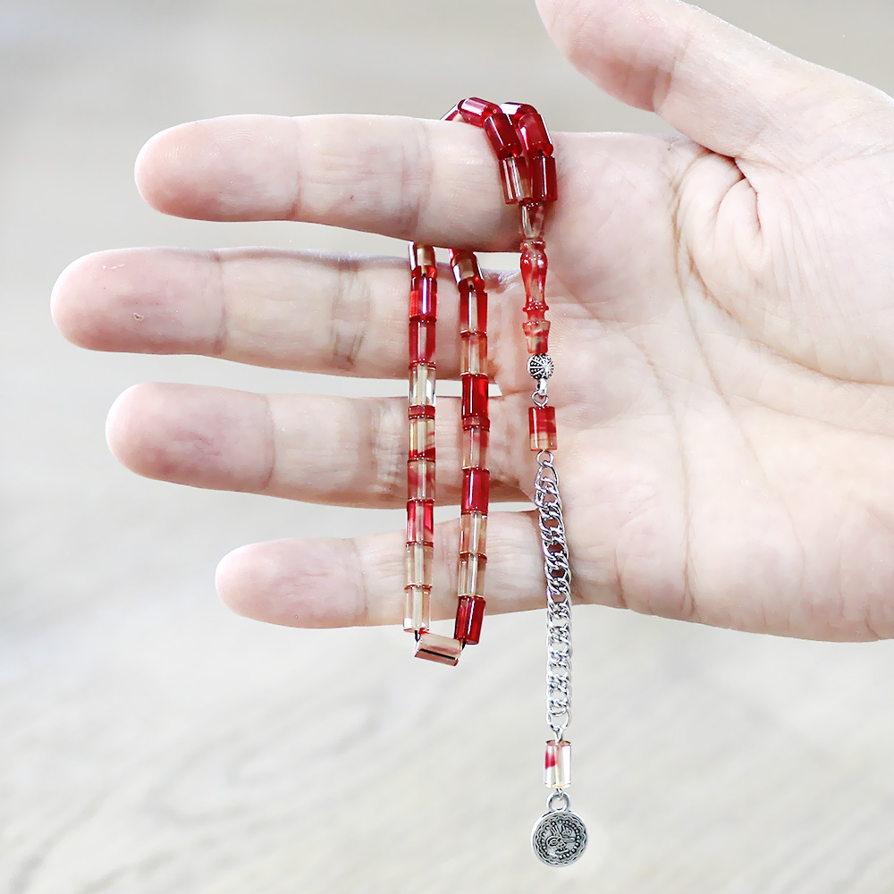 Ateş Kehribar Tesbih - Kararmaz Metal Püsküllü - Mini Boy - Kırmızı Beyaz - Kesme Kesim - 3