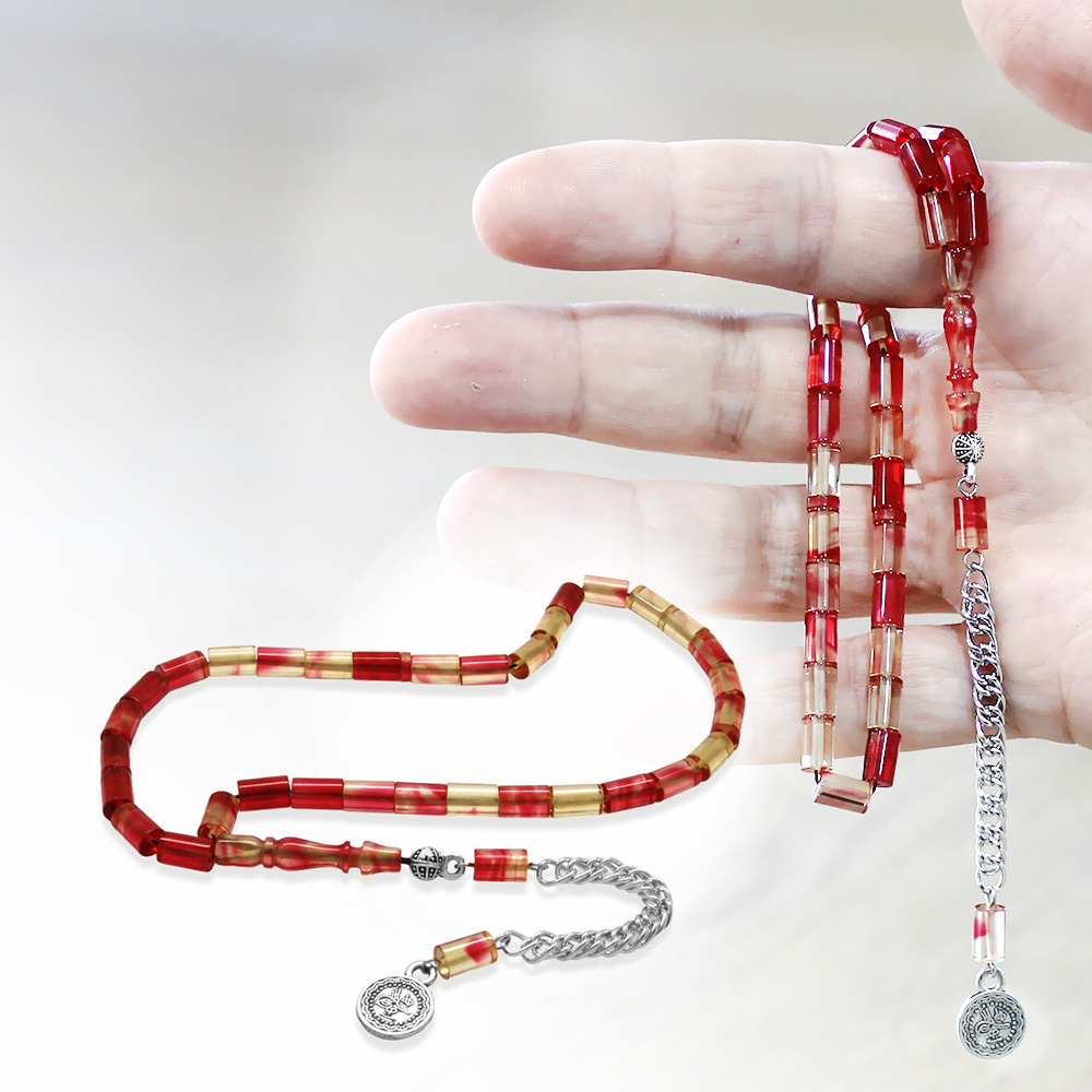 Ateş Kehribar Tesbih - Kararmaz Metal Püsküllü - Mini Boy - Kırmızı Beyaz - Kesme Kesim - 1