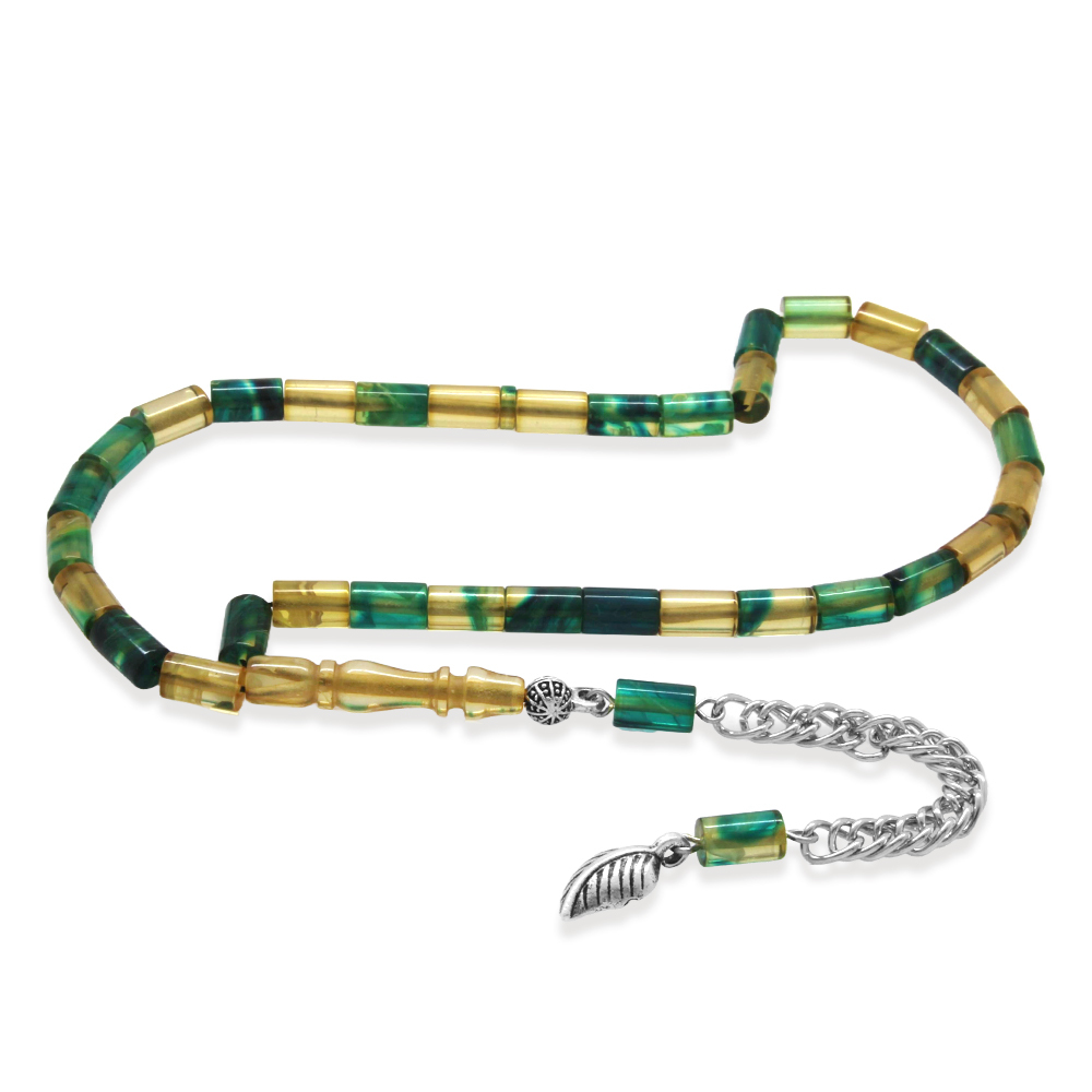 Ateş Kehribar Tesbih - Kararmaz Metal Püsküllü - Mini Boy - Mavi Beyaz - Kesme Kesim - 2